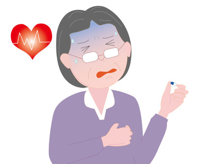 Elderly people with heart disease are suffering and taking medicine.のイラスト素材