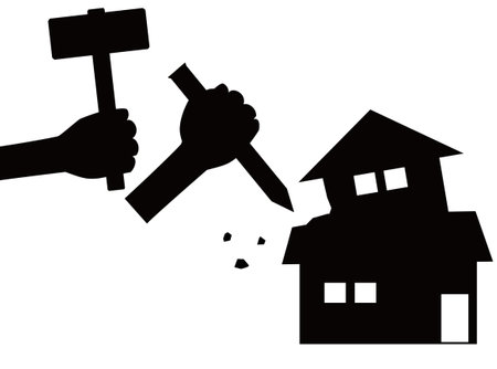 An icon doing demolition work on a wooden house.のイラスト素材