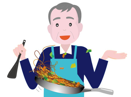 Elderly man cooking in frying pan.のイラスト素材