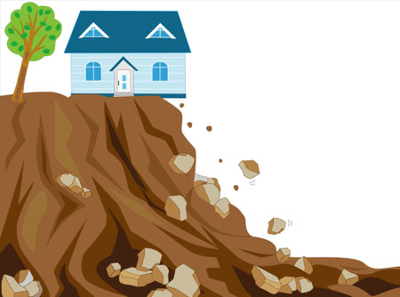 Cliffs have collapsed due to earthquakes, and houses are in danger.のイラスト素材