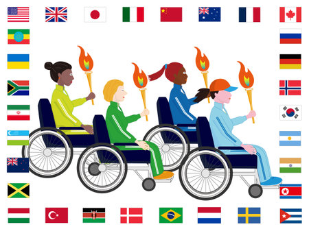 Women in wheelchairs holding torches and relaying.のイラスト素材