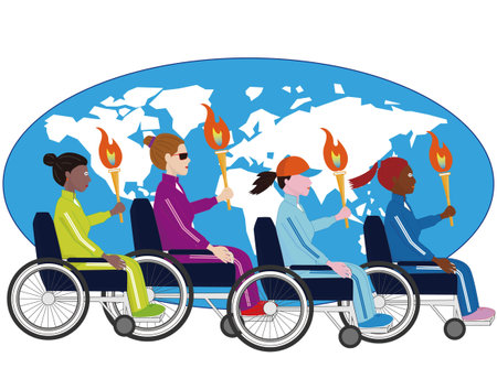 Women in wheelchairs holding torches and relaying.のイラスト素材
