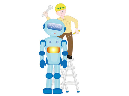 An engineer is repairing a broken robot.のイラスト素材