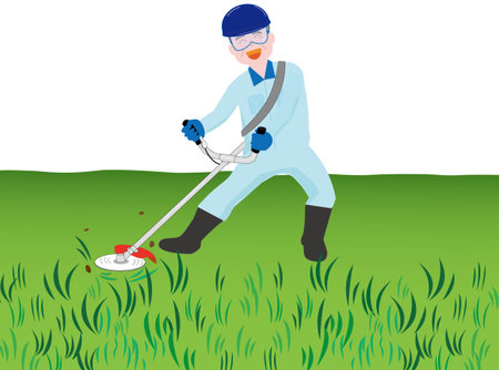 Background illustration of a man mowing the lawnのイラスト素材