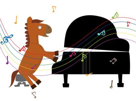 This is an illustration of a New Year's card for 2026. A horse celebrating the New Year by playing a musical instrument.のイラスト素材