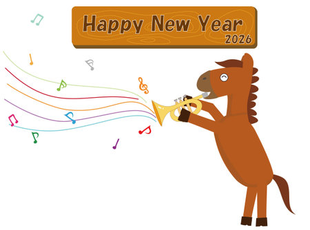 This is an illustration of a New Year's card for 2026. A horse celebrating the New Year by playing a musical instrument.のイラスト素材