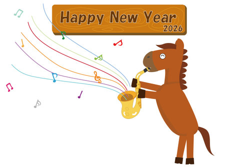 This is an illustration of a New Year's card for 2026. A horse celebrating the New Year by playing a musical instrument.のイラスト素材