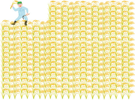This is a background illustration of farmers harvesting rice.の写真素材