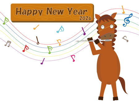 2026å¹´è³ç¶ã®ã¤ã©ã¹ãç´ æã§ããé¦¬ãæ°å¹´ãç¥ã£ã¦æ¥½å¨ããããããã¦ãã¾ããのイラスト素材