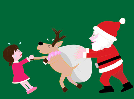 Illustration of Santa Claus and reindeer delivering presents at Christmas.のイラスト素材
