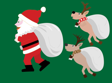 Illustration of Santa Claus and reindeer delivering presents at Christmas.のイラスト素材