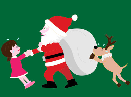 Illustration of Santa Claus and reindeer delivering presents at Christmas.のイラスト素材