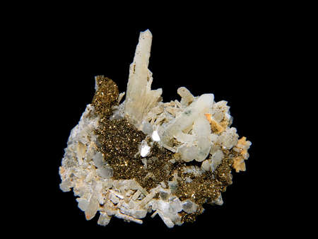 Crystals of a pirit and quartz on a white background