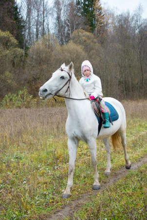 Girl riding on a white horse in a fieldの写真素材