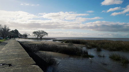 Waterfront of the river de la plata, blue skyの写真素材