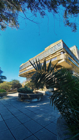 National Library, entrance ramp, brutalist building vegetation