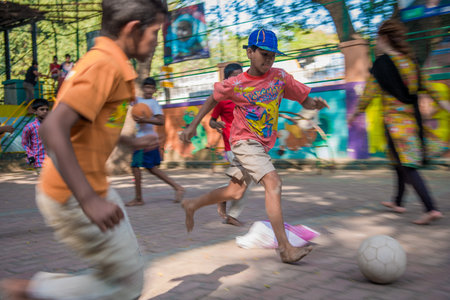 Children with limited resources in India rely on the informal education provided by Non Profit Organization. Nothing prevents them for being happy. It is also the opportunity to practice sports.のeditorial素材