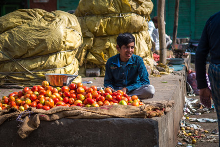 Children in India may have to face working from young age. One way is to sell groceries and vegetables in the markets.のeditorial素材