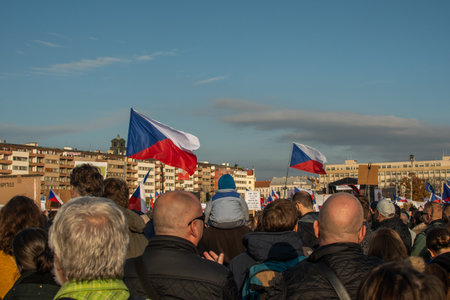 Prague, Czech Republic 11-19-2020. Czech Republic celebrated 30th years of Velvet Revolution-transition to democracy and free economy. People demanded resignation of president Andrej Babis.のeditorial素材
