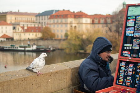 Editorial â December 15thPrague, Czech Republic. 01-11-2020. Tourists are walking on the Charles Bridge on the Historical town.Man selling on his gift shop at the charles bridge.のeditorial素材