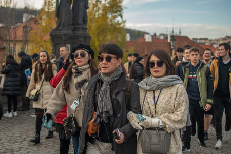 Editorial â December 15thPrague, Czech Republic. 01-11-2020. Tourists are walking on the Charles Bridge on Historical town.のeditorial素材