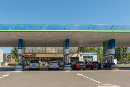 Central Bohemia, Czech Republic, 09-11-2020. OMV, Cinovecka, Prague 8. Gas station in Prague and in the outskirts (Bohemia region), on a sunny dayのeditorial素材