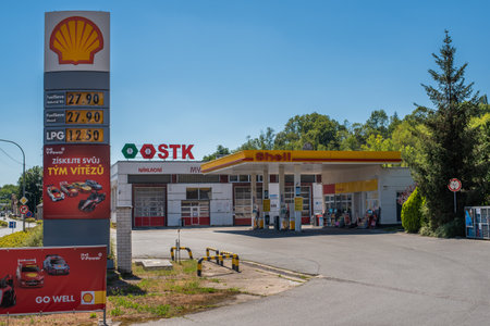 Central Bohemia, Czech Republic, 09-11-2020. Gas station in Prague and in the outskirts (Bohemia region), on a sunny dayのeditorial素材