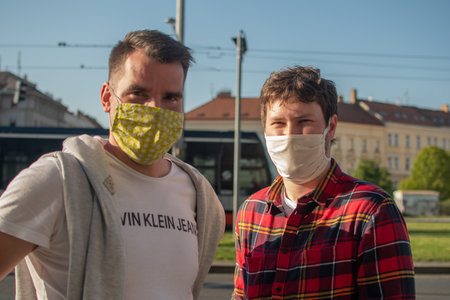 Prague, Czech Republic. 03-08-2020. Portrait of two male friends. In Prague, despite quarantine...