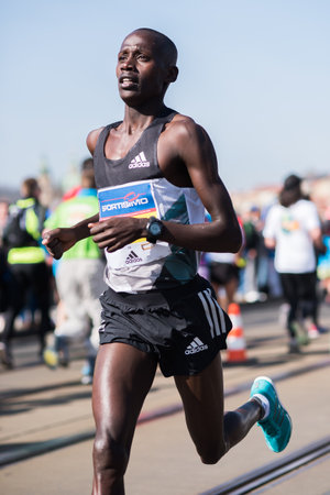 Prague, Czech Republic. 05-08-2016. African male runner gather at the Marathon Prague, Czech Republic.のeditorial素材