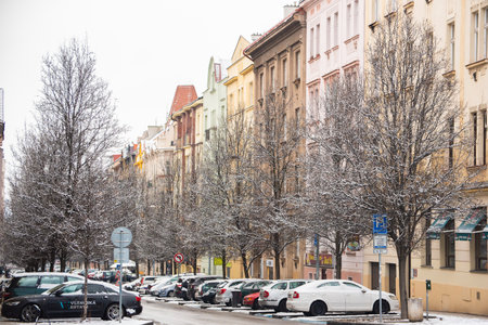 Prague, Czech Republic. 01-31-2021. Cars and trees covered with snow in the city of Prague, during cold winter.のeditorial素材