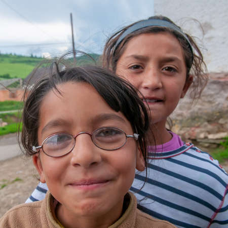05-16-2018. Lomnicka, Slovakia. A close-up of Roma or Gypsy girls in an abandoned community in the heart of Slovakia, living in miserable conditions.のeditorial素材