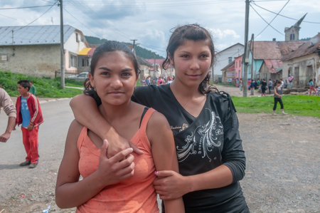 5-16-2018. Lomnicka, Slovakia. A close-up of Roma or Gypsy adolescent girls in an abandoned community in the heart of Slovakia, living in miserable conditions.のeditorial素材