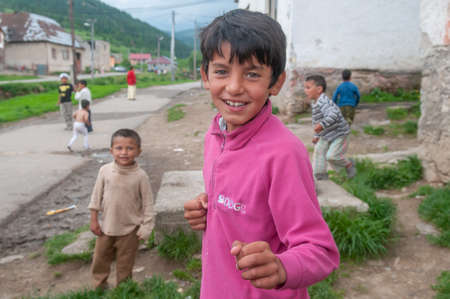 05-16-2018. Lomnicka, Slovakia. A Roma or Gypsy children in a abandoned community in the heart of Slovakia, living in miserable conditions.のeditorial素材