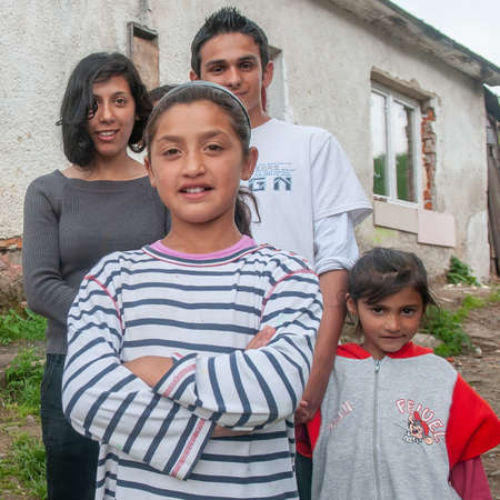 05-16-2018. Lomnicka, Slovakia. A close-up of a Roma or Gypsy group of children and adolescents in an abandoned community in the heart of Slovakia, living in miserable conditions.のeditorial素材