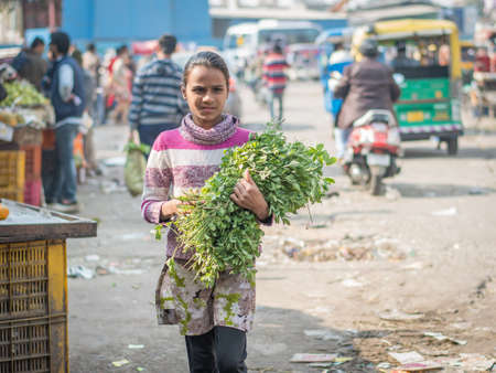 Jaipur, India. 09-05-2018. Female adolescent on the walking the streets of Jaipur in the Rajasthan after buying vegetables in the local market.のeditorial素材