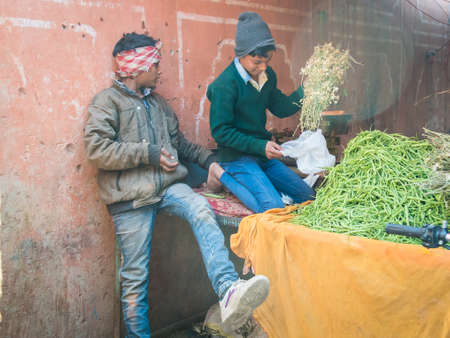 Jaipur, India. 09-05-2018. Two adolescents working in the local market of Jaipur selling vegetables.
