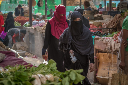 Jaipur, India. 09-05-2018. Two muslim women are walking at the local market in the center of Jaipur.のeditorial素材