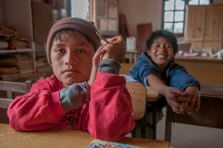 Chaco Province. Argentine. 15-01-2019. Portrait of an indigenous boy attending school in the Chaco Province, North of Argentine.のeditorial素材