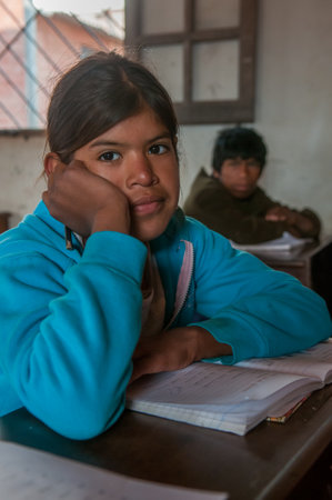Chaco Province. Argentine. 15-01-2019. Portrait of an indigenous girl attending school in the Chaco Province, North of Argentine.のeditorial素材