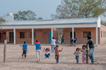 Chaco Province. Argentine. 15-01-2019. Group of indigenous children attending school in the Chaco Province, North of Argentine.のeditorial素材