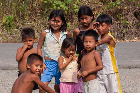 Darien Province, Panama. 07-18-2019. Indigenous children gathering in the streets of Yaviza to play and have a good time in the Darien Province, Panama, Central America,のeditorial素材