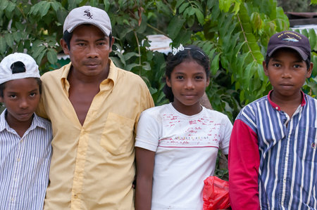 Darien Province, Panama. 07-18-2019. An indigenous family in the streets of Yaviza in the Darien Province, Panama, Central America,のeditorial素材