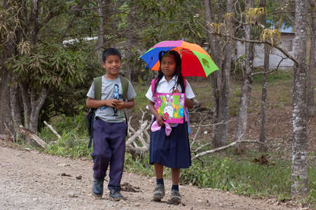 Darien Province, Panama. 07-18-2019. Portrait of indigenous kids returning from school in Yaviza, in the Darien Province, Panama, Central America,のeditorial素材