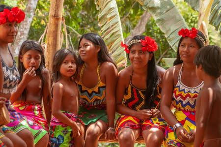 Darien Province, Panama. 07-18-2019. Portrait of indigenous women gathered together in Panama,...