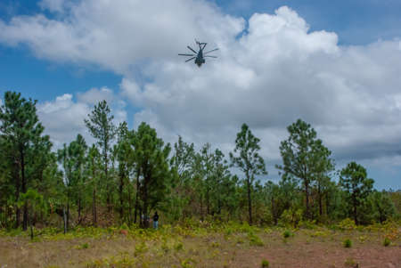 Sandy Bay, Nicaragua. 03-15-2016. Military helicopter going to review the situation of the community...