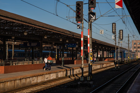 Prague, Czech Republic, 12-31-2020. People waiting to catch their train departure from Prague main train station (Hlavni Nadrazi) during COVID-19 on December 31, 2020のeditorial素材