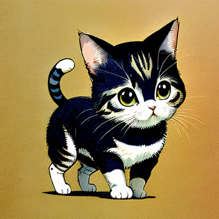 illustration of a black and white cat on a yellow backgroundの写真素材