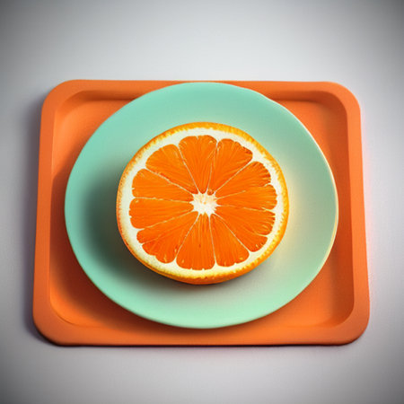 Orange slice on a plate on a gray background. Toned.