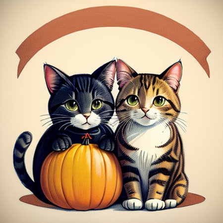 Two cats with pumpkins and an orange banner. Halloween illustration.の写真素材