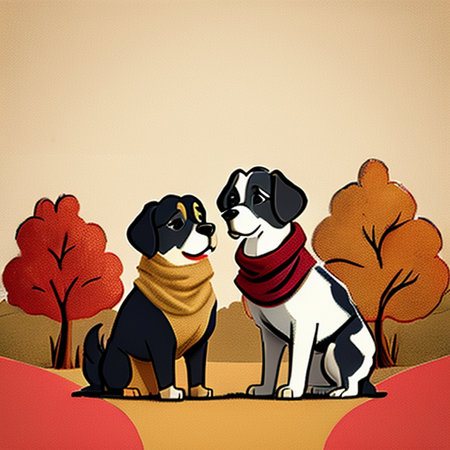 two dogs in a red scarf on a background of autumn trees.の写真素材